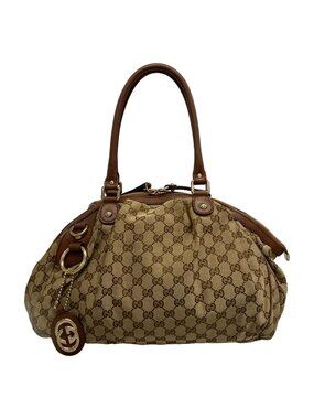 Gucci Handbag Sukey GG Pattern Beige Dark Brown Leather